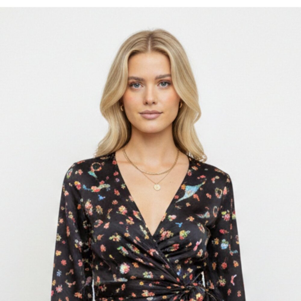 Cynthia Rowley XS Black Floral Long Sleeve Wrap Blouse